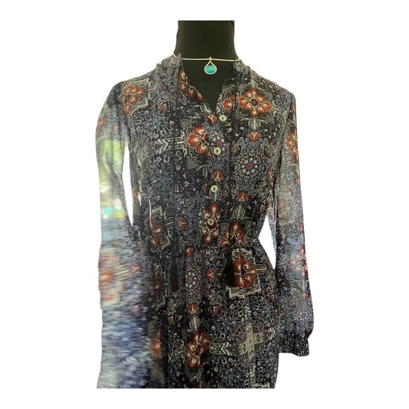 Xhilaration Dark Boho Sheer Maxi Dress Size SM Tiered Floral Whimsigoth Romantic - Picture 12 of 15